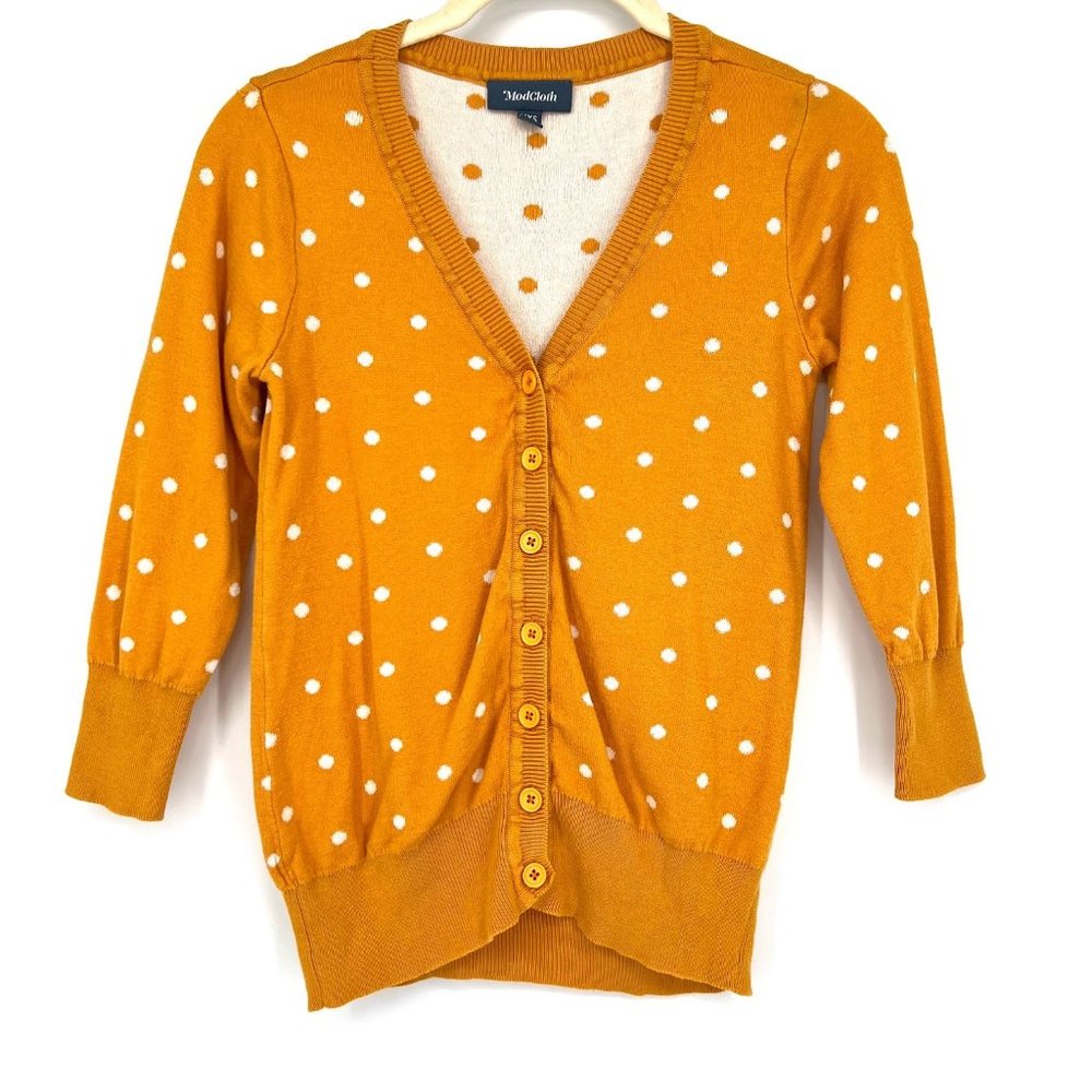 ModCloth Size XXS Polka Dot Yellow Button Front Cardigan Sweater 3/4 Sleeves